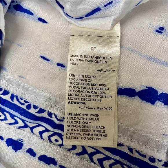 Chico’s Tie Dye Striped Floral Tassel Blouse 0P S White Blue Boho Coastal Top - Picture 14 of 14